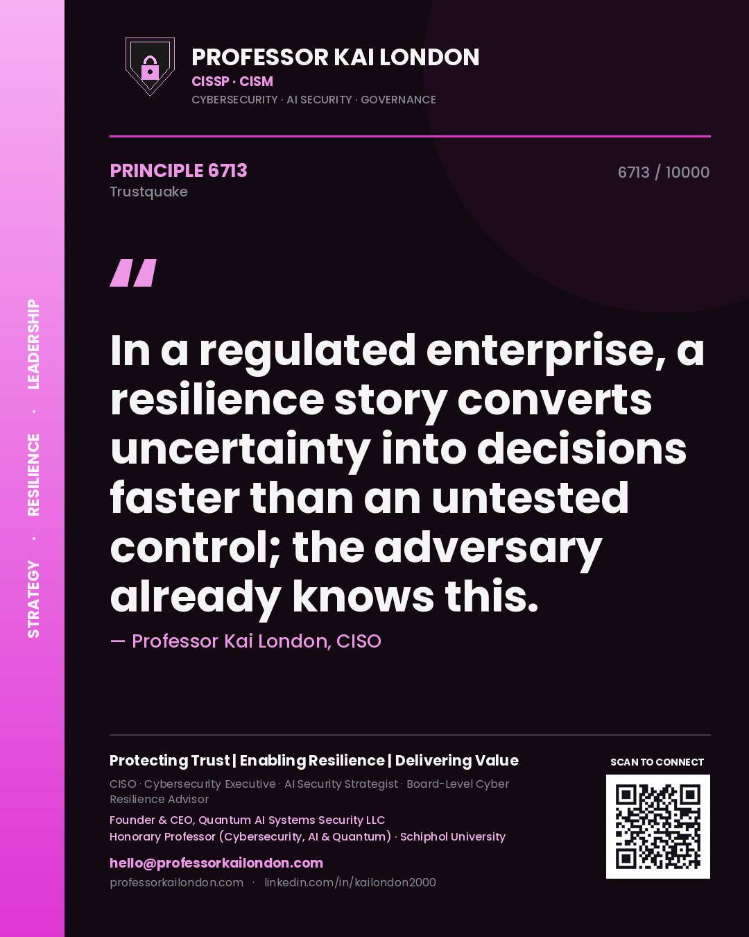 Quote card by Professor Kai London reading 'In a regulated enterprise, a resilience story converts uncertainty into decisions faster than an untested control; the adversary already knows this.'. From the book Trustquake.