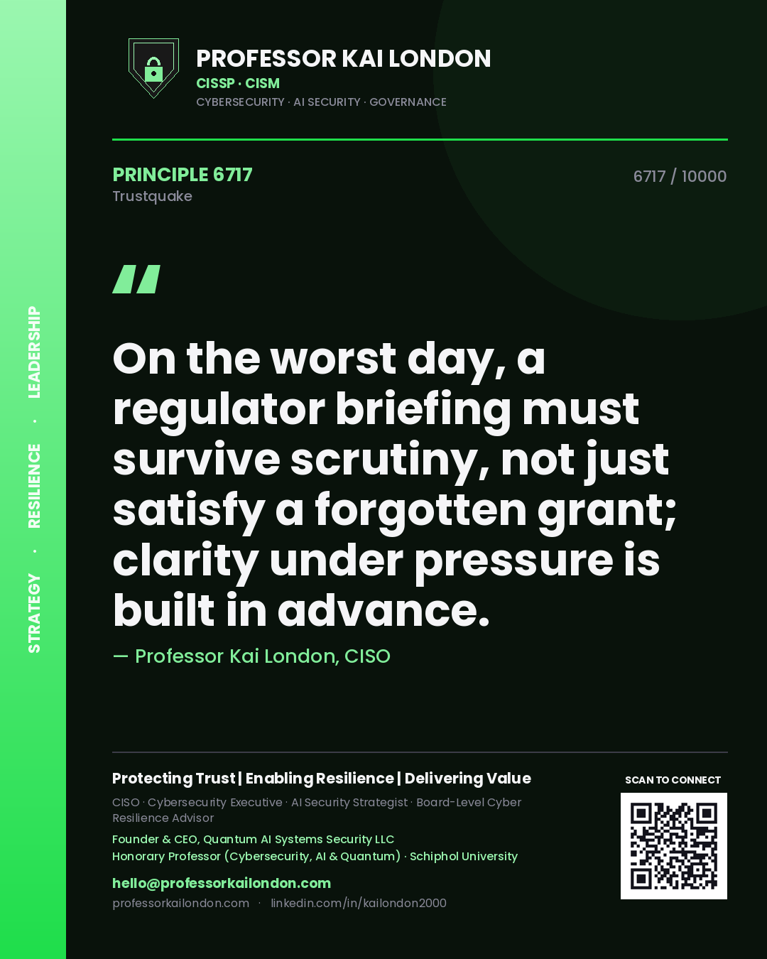 Quote card by Professor Kai London reading 'On the worst day, a regulator briefing must survive scrutiny, not just satisfy a forgotten grant; clarity under pressure is built in advance.'. From the book Trustquake.