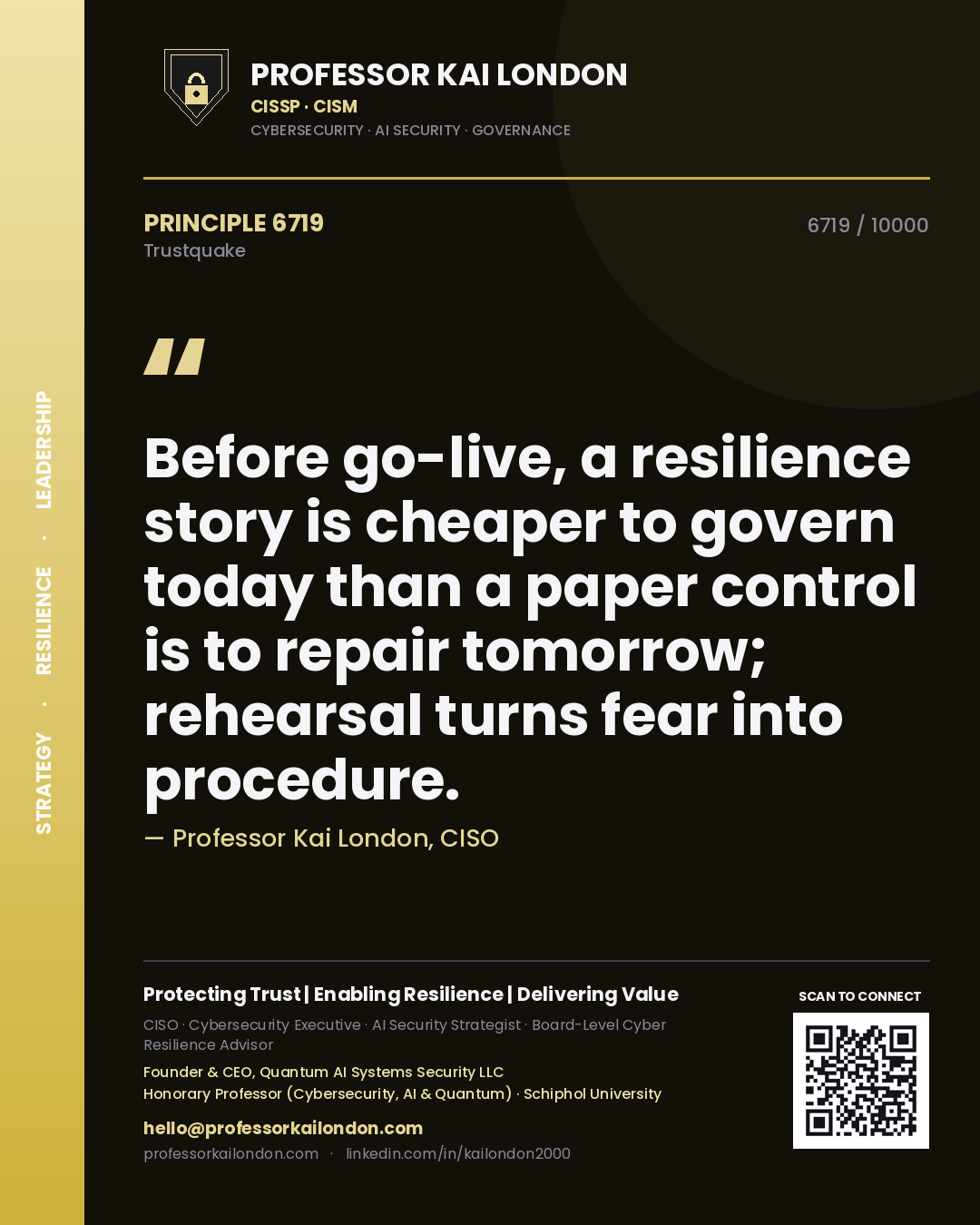 Professor Kai London principle 6719: Before go-live, a resilience story is cheaper to govern today than a paper control is to repair tomorrow; rehearsal turns fear into procedure.