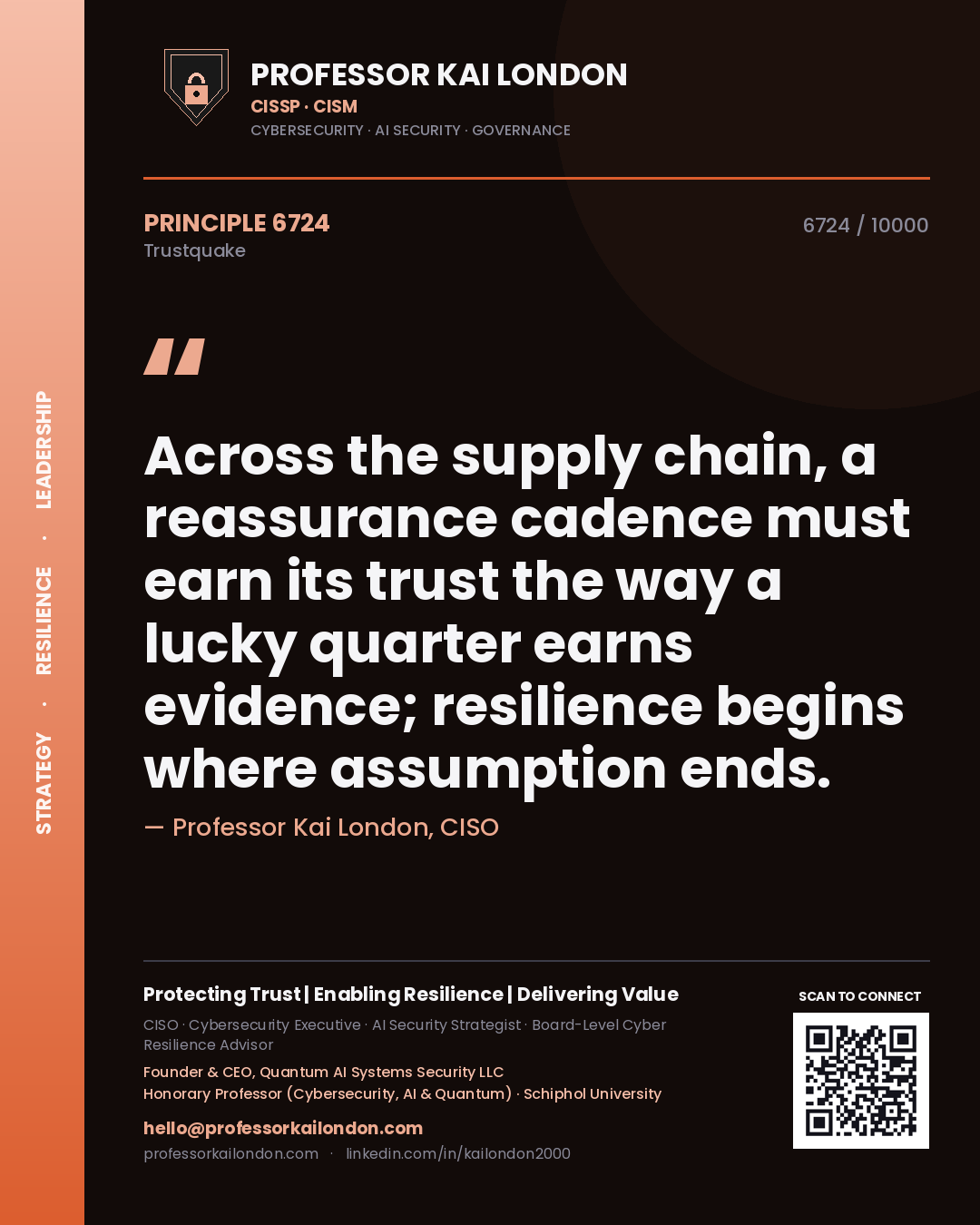 Quote card by Professor Kai London reading 'Across the supply chain, a reassurance cadence must earn its trust the way a lucky quarter earns evidence; resilience begins where assumption ends.'. From the book Trustquake.