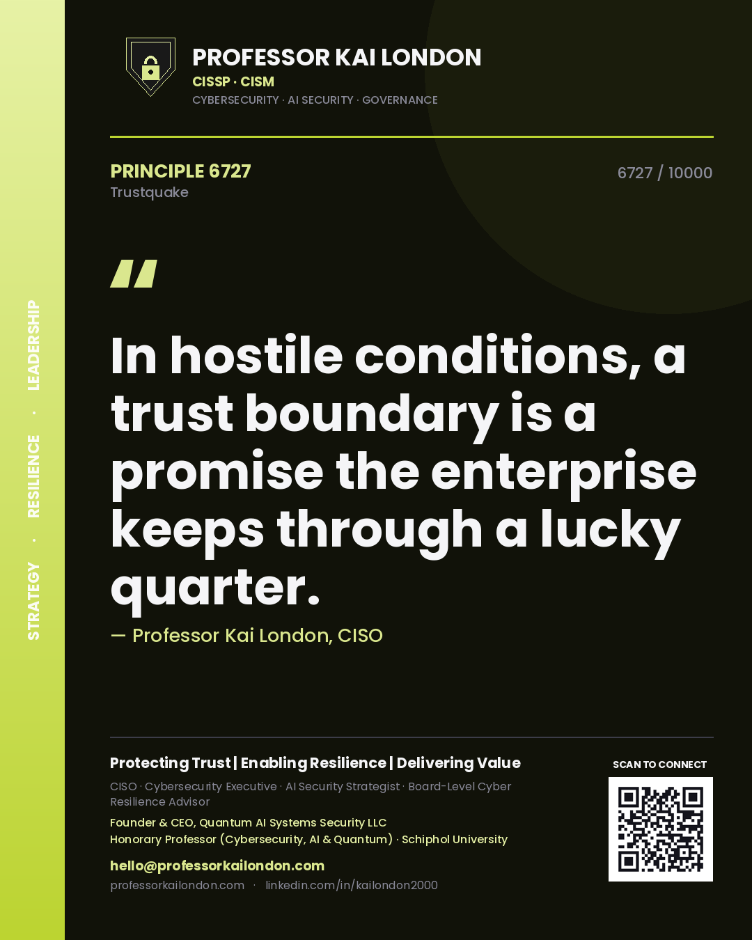 Professor Kai London principle 6727: In hostile conditions, a trust boundary is a promise the enterprise keeps through a lucky quarter.