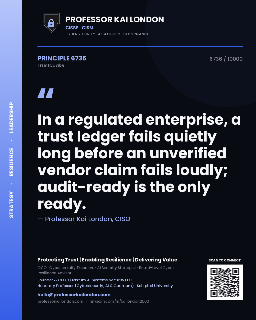 Quote card by Professor Kai London reading 'In a regulated enterprise, a trust ledger fails quietly long before an unverified vendor claim fails loudly; audit-ready is the only ready.'. From the book Trustquake.
