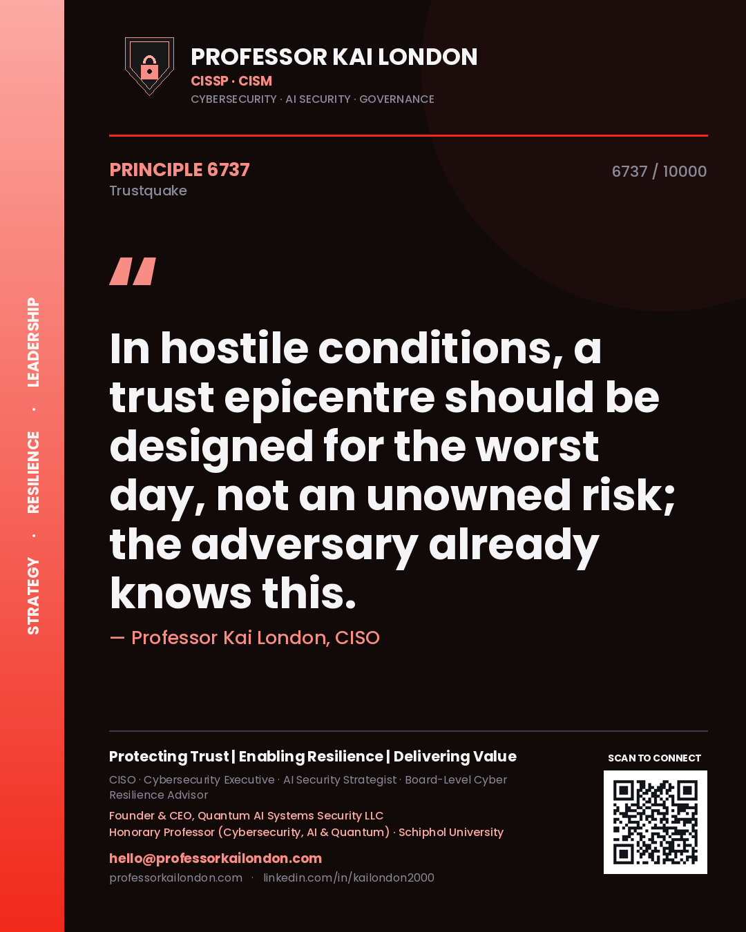Quote card by Professor Kai London reading 'In hostile conditions, a trust epicentre should be designed for the worst day, not an unowned risk; the adversary already knows this.'. From the book Trustquake.