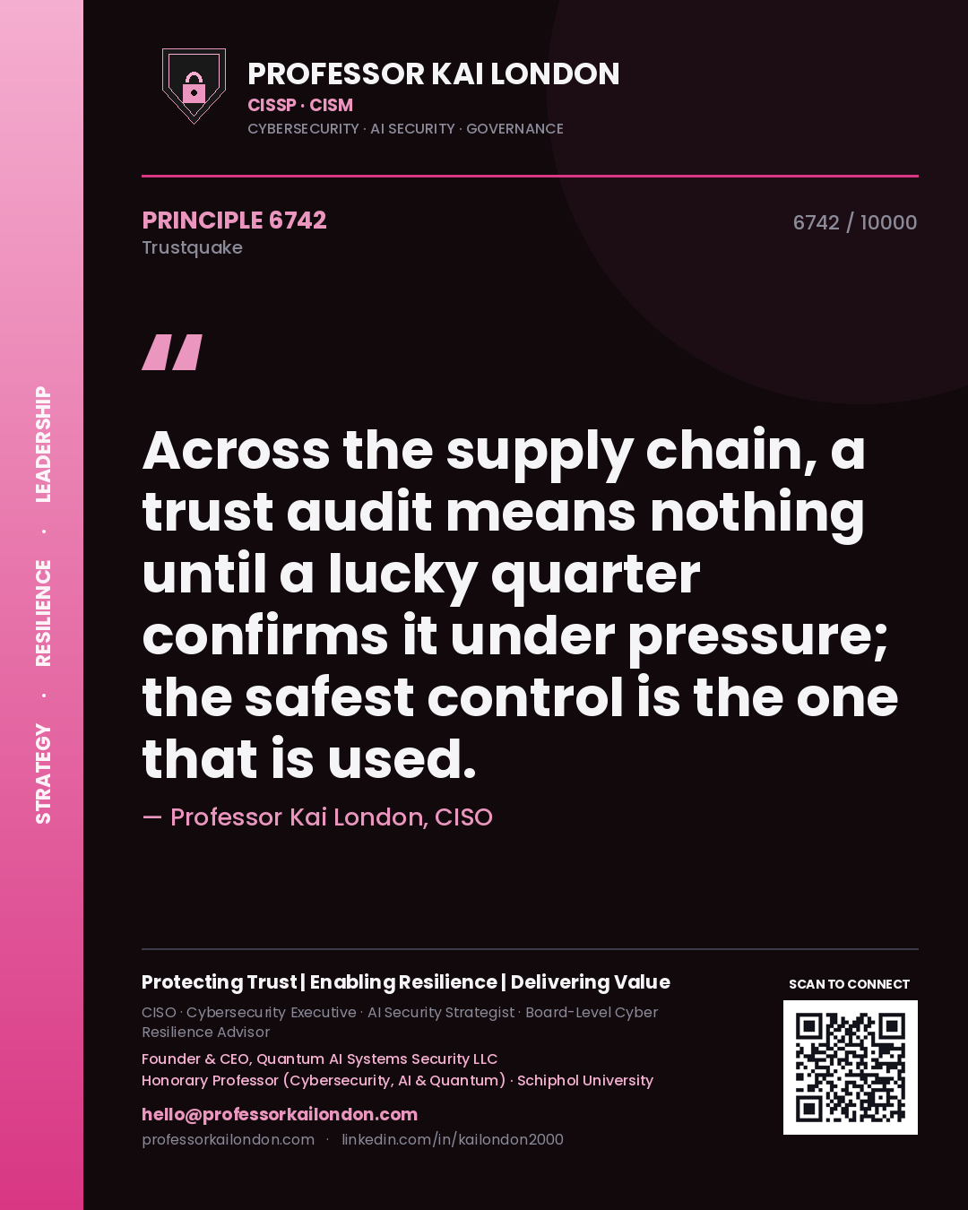 Quote card by Professor Kai London reading 'Across the supply chain, a trust audit means nothing until a lucky quarter confirms it under pressure; the safest control is the one that is used.'. From the book Trustquake.
