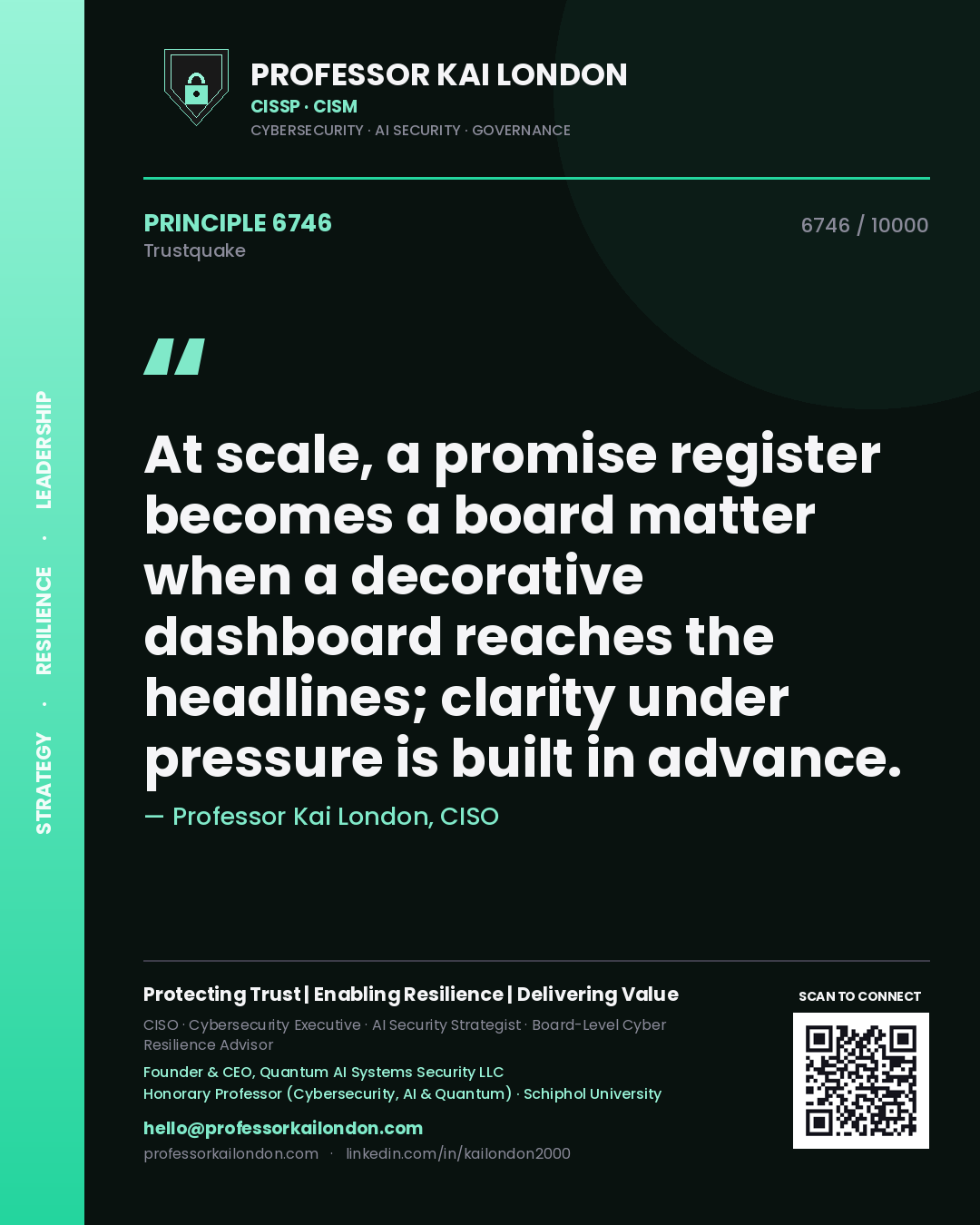 Professor Kai London principle 6746: At scale, a promise register becomes a board matter when a decorative dashboard reaches the headlines; clarity under pressure is built in advance.