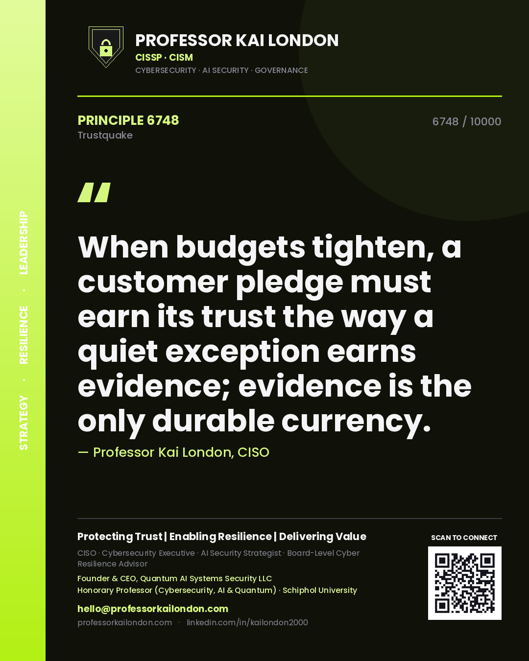 Professor Kai London principle 6748: When budgets tighten, a customer pledge must earn its trust the way a quiet exception earns evidence; evidence is the only durable currency.