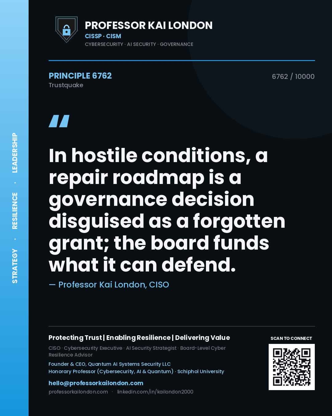 Quote card by Professor Kai London reading 'In hostile conditions, a repair roadmap is a governance decision disguised as a forgotten grant; the board funds what it can defend.'. From the book Trustquake.