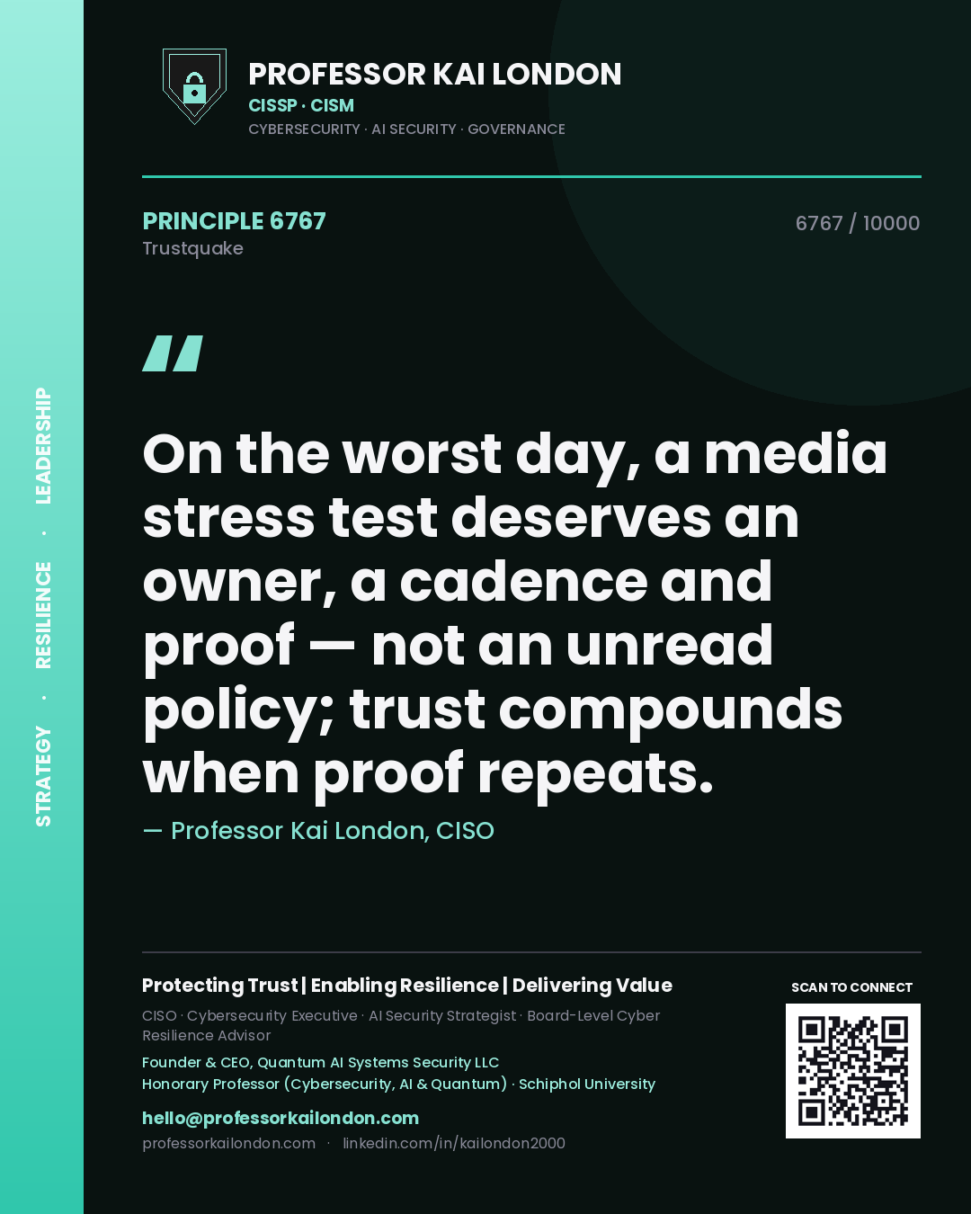 Professor Kai London principle 6767: On the worst day, a media stress test deserves an owner, a cadence and proof — not an unread policy; trust compounds when proof repeats.