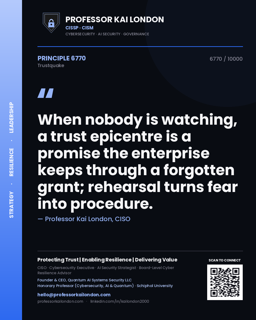 Quote card by Professor Kai London reading 'When nobody is watching, a trust epicentre is a promise the enterprise keeps through a forgotten grant; rehearsal turns fear into procedure.'. From the book Trustquake.