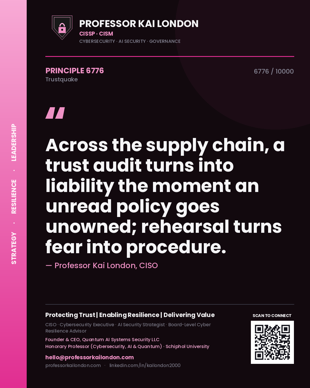 Quote card by Professor Kai London reading 'Across the supply chain, a trust audit turns into liability the moment an unread policy goes unowned; rehearsal turns fear into procedure.'. From the book Trustquake.