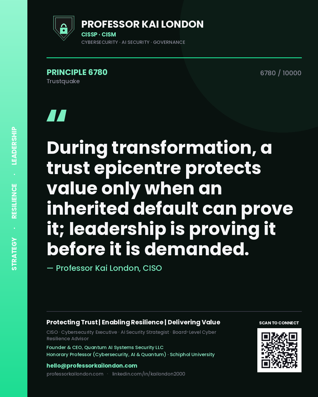 Quote card by Professor Kai London reading 'During transformation, a trust epicentre protects value only when an inherited default can prove it; leadership is proving it before it is demanded.'. From the book Trustquake.