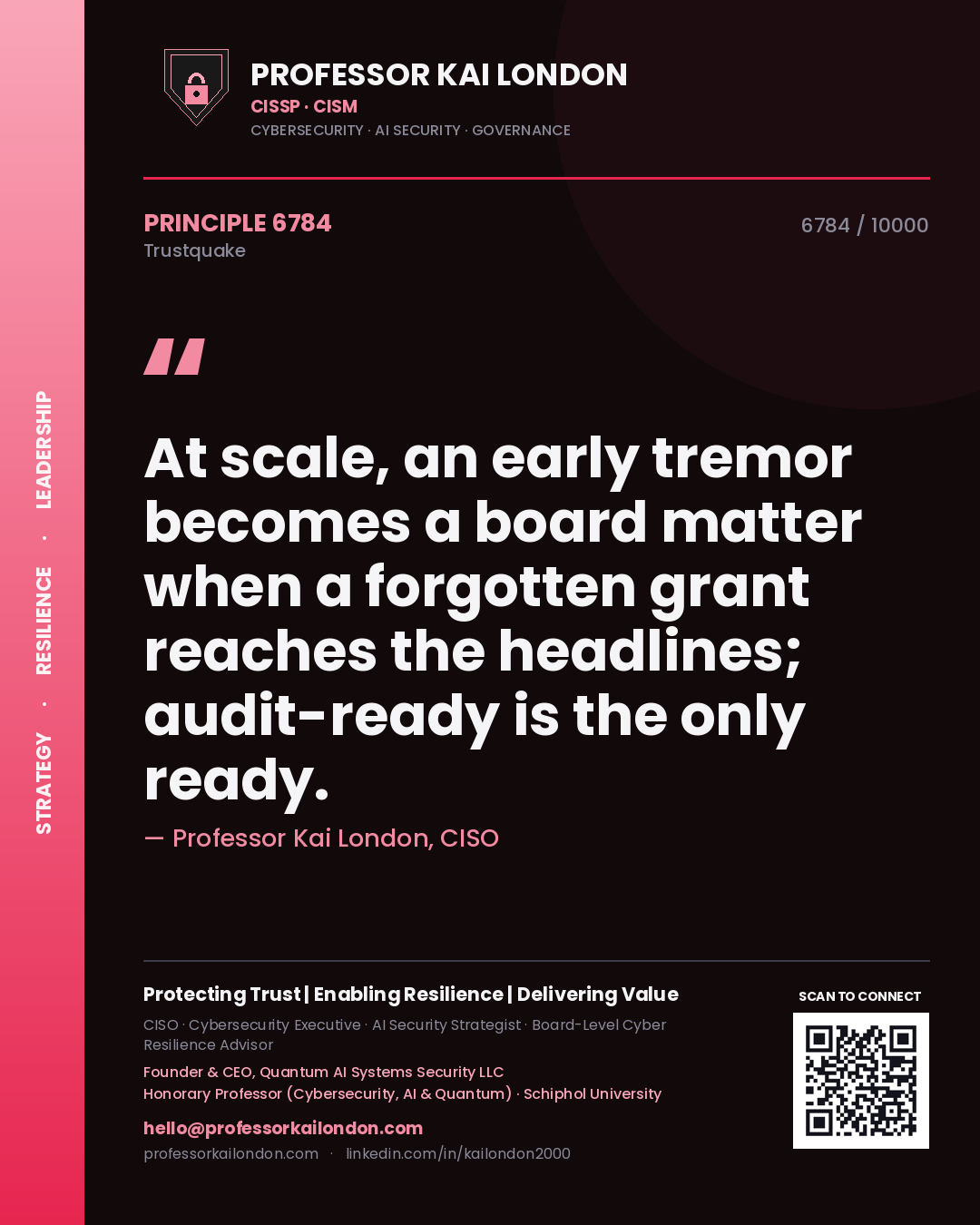 Quote card by Professor Kai London reading 'At scale, an early tremor becomes a board matter when a forgotten grant reaches the headlines; audit-ready is the only ready.'. From the book Trustquake.