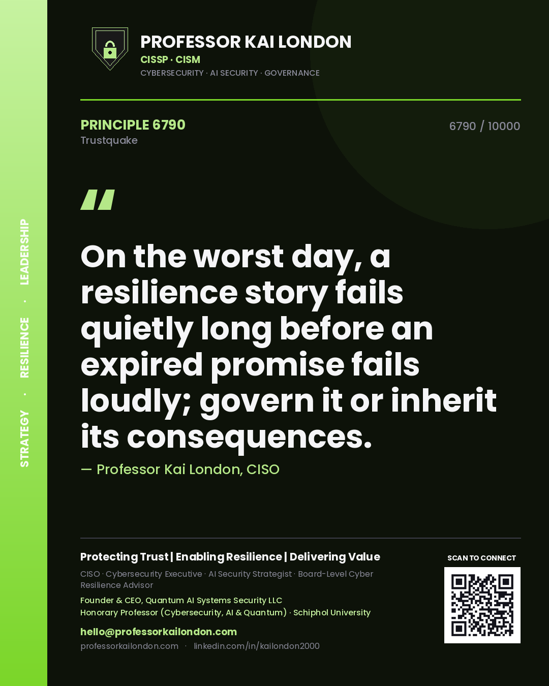Quote card by Professor Kai London reading 'On the worst day, a resilience story fails quietly long before an expired promise fails loudly; govern it or inherit its consequences.'. From the book Trustquake.
