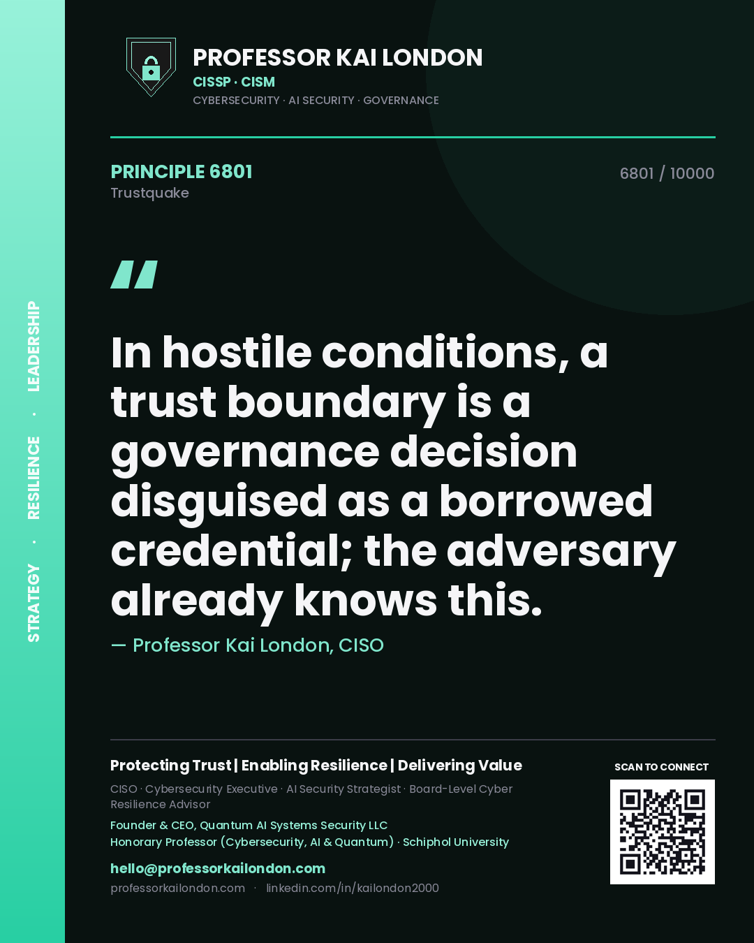 Quote card by Professor Kai London reading 'In hostile conditions, a trust boundary is a governance decision disguised as a borrowed credential; the adversary already knows this.'. From the book Trustquake.