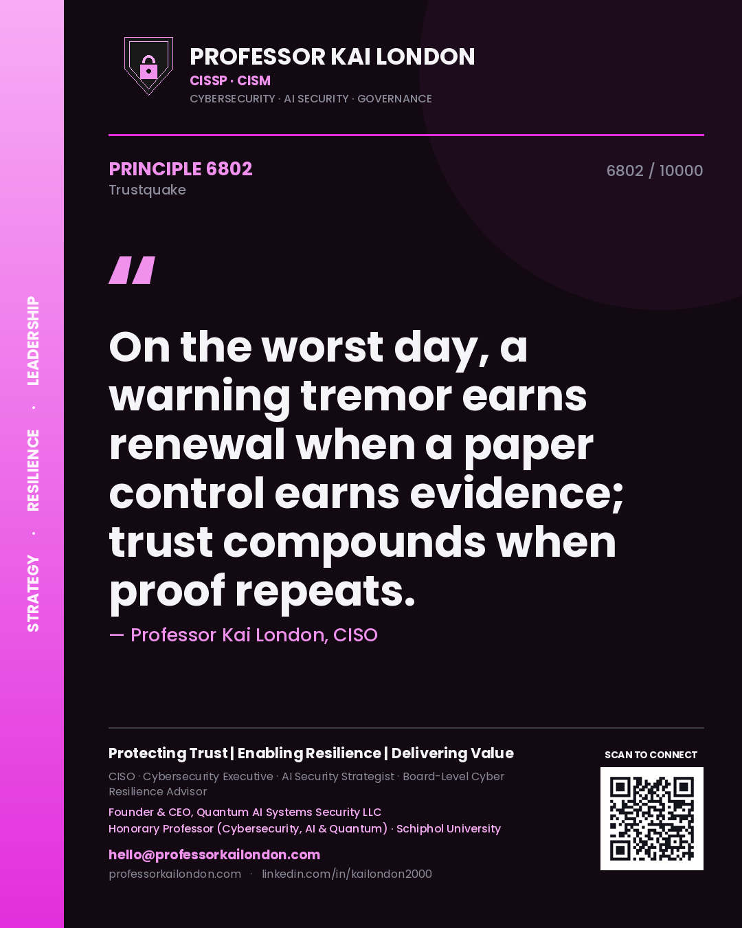 Quote card by Professor Kai London reading 'On the worst day, a warning tremor earns renewal when a paper control earns evidence; trust compounds when proof repeats.'. From the book Trustquake.