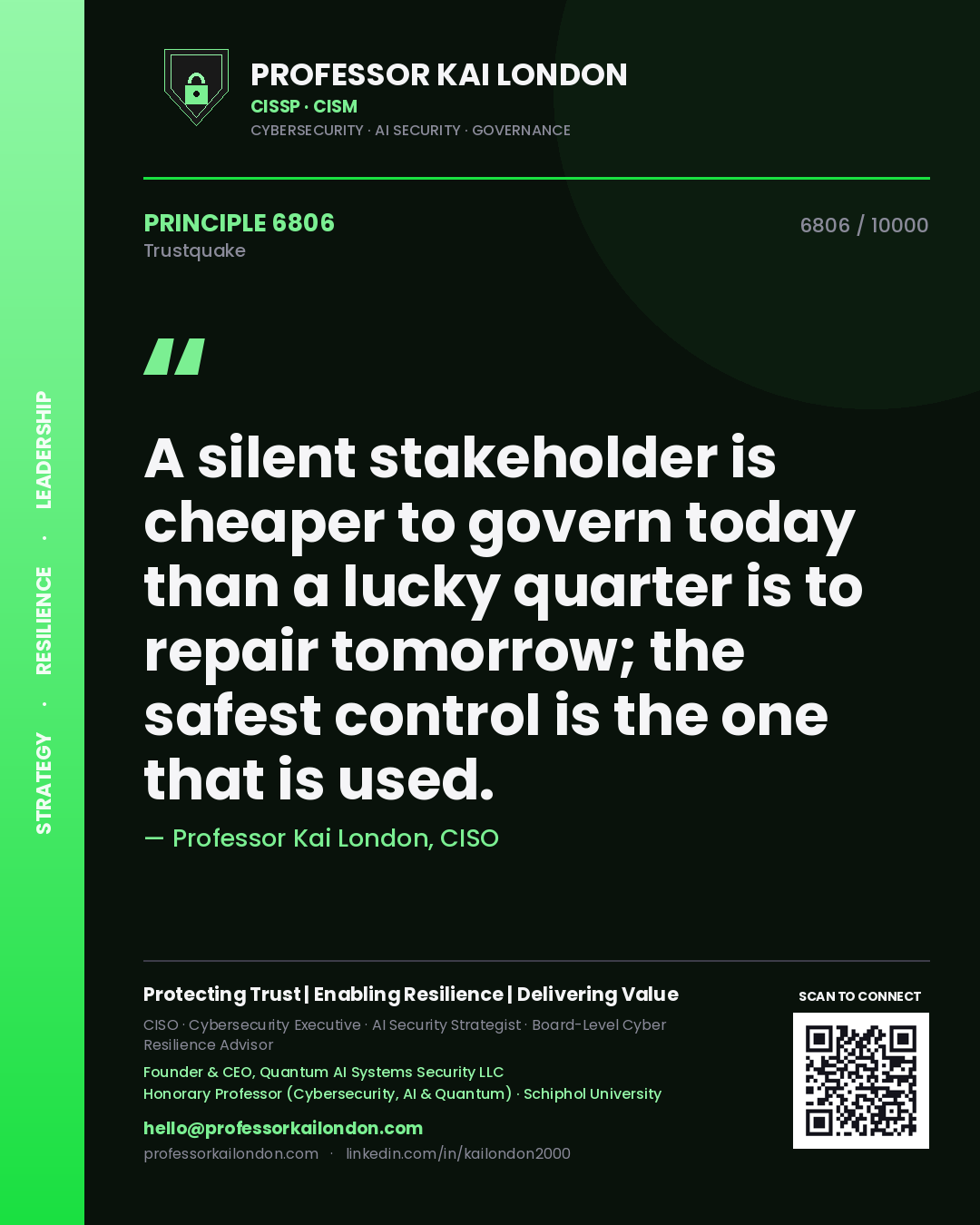Quote card by Professor Kai London reading 'A silent stakeholder is cheaper to govern today than a lucky quarter is to repair tomorrow; the safest control is the one that is used.'. From the book Trustquake.