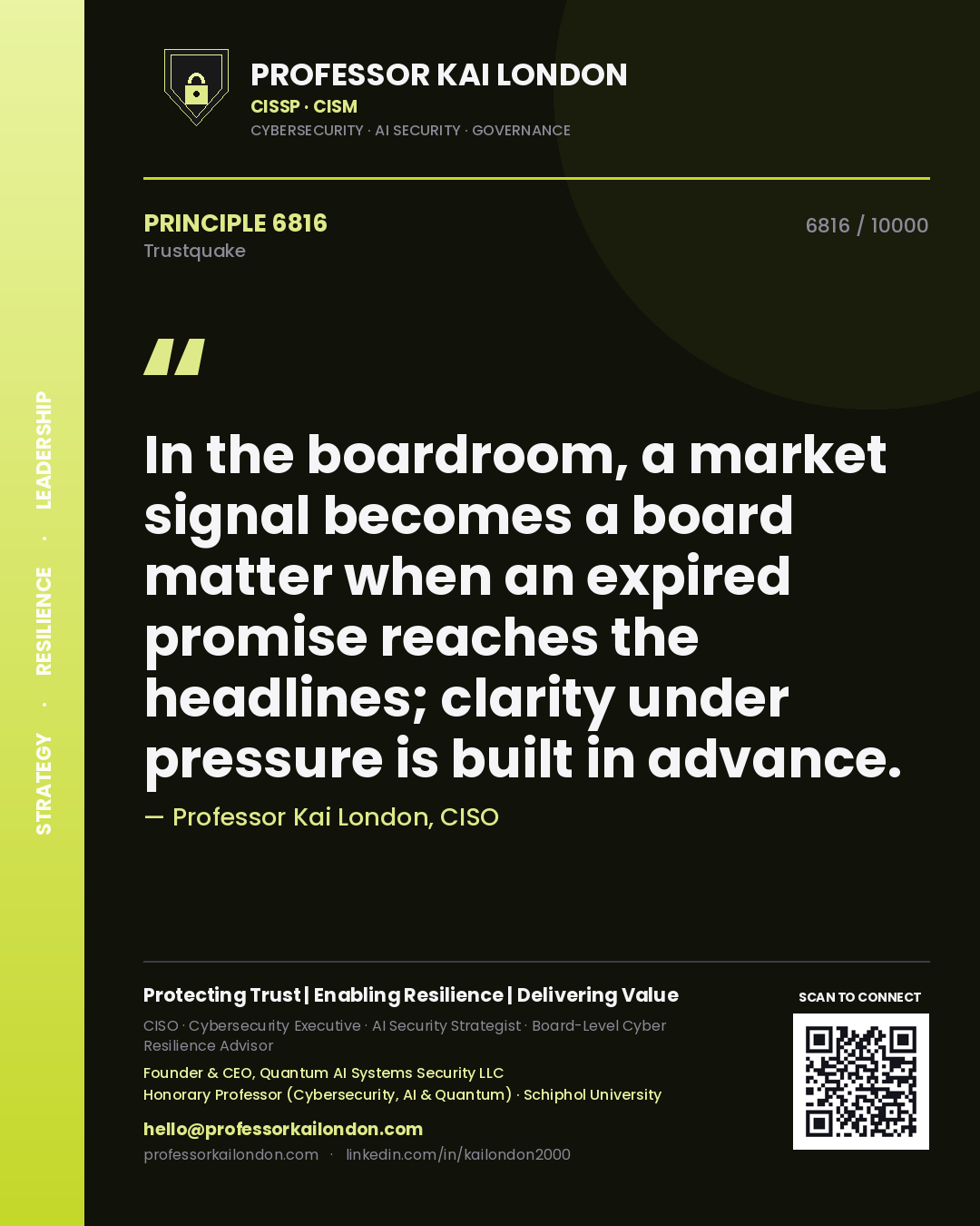 Professor Kai London principle 6816: In the boardroom, a market signal becomes a board matter when an expired promise reaches the headlines; clarity under pressure is built in advance.