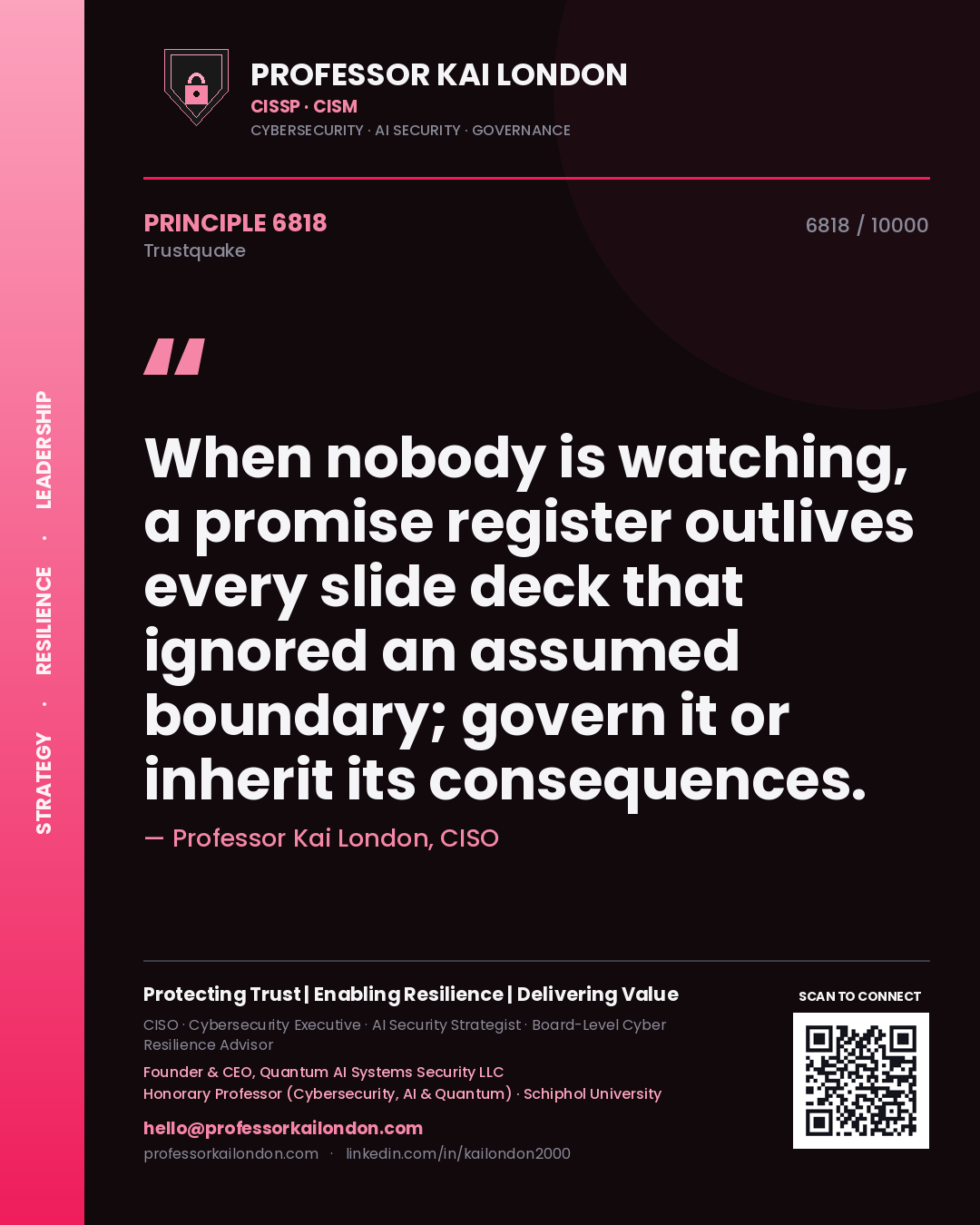 Quote card by Professor Kai London reading 'When nobody is watching, a promise register outlives every slide deck that ignored an assumed boundary; govern it or inherit its consequences.'. From the book Trustquake.