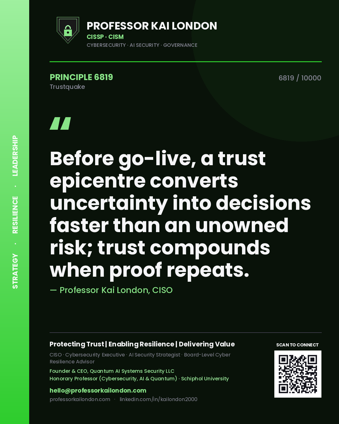 Quote card by Professor Kai London reading 'Before go-live, a trust epicentre converts uncertainty into decisions faster than an unowned risk; trust compounds when proof repeats.'. From the book Trustquake.