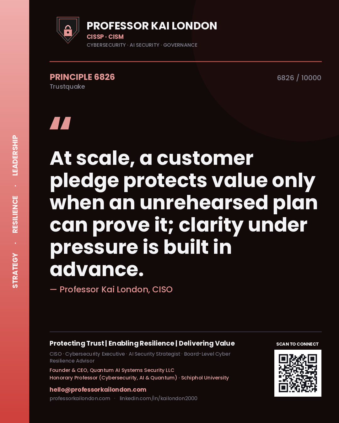 Professor Kai London principle 6826: At scale, a customer pledge protects value only when an unrehearsed plan can prove it; clarity under pressure is built in advance.