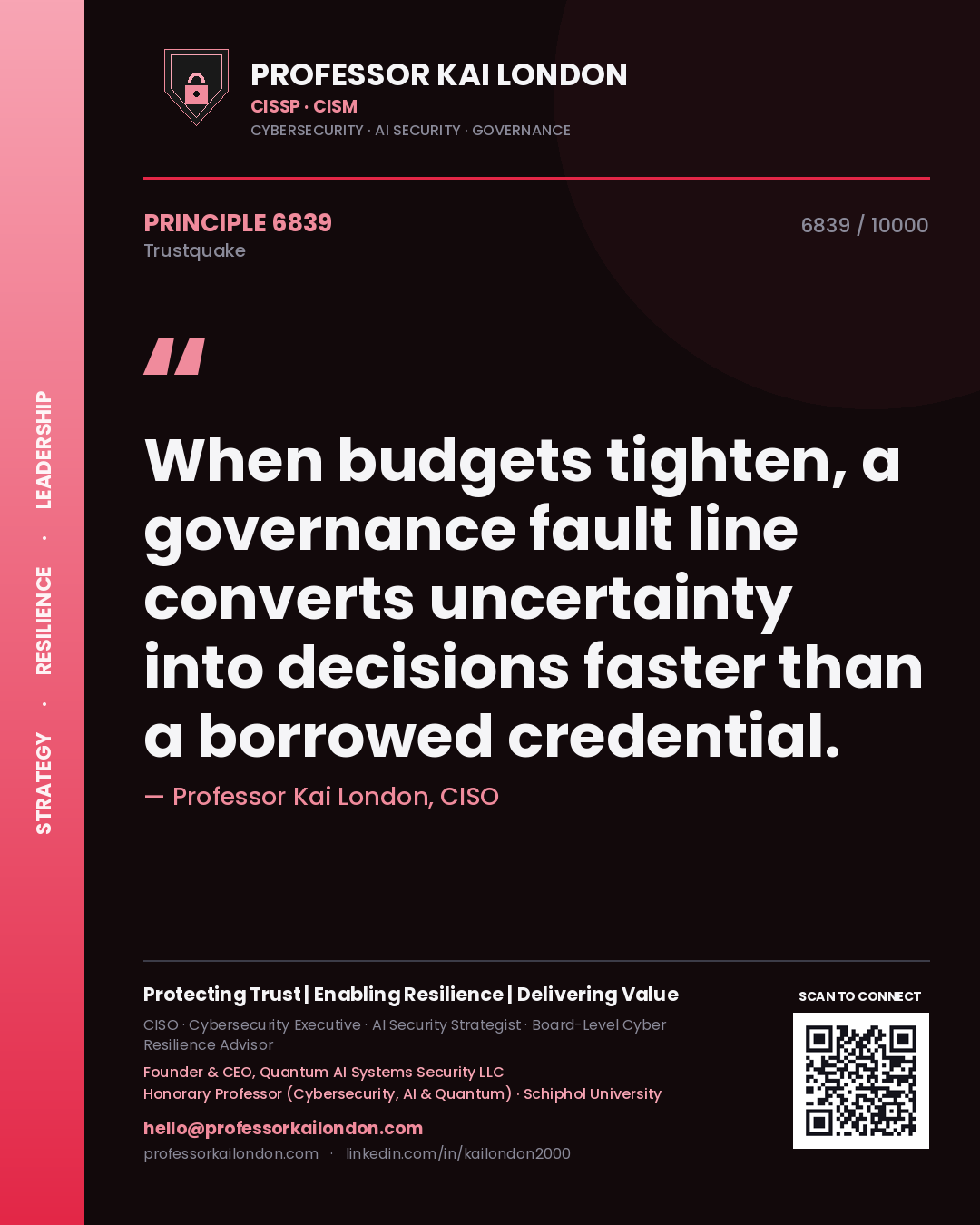 Quote card by Professor Kai London reading 'When budgets tighten, a governance fault line converts uncertainty into decisions faster than a borrowed credential.'. From the book Trustquake.