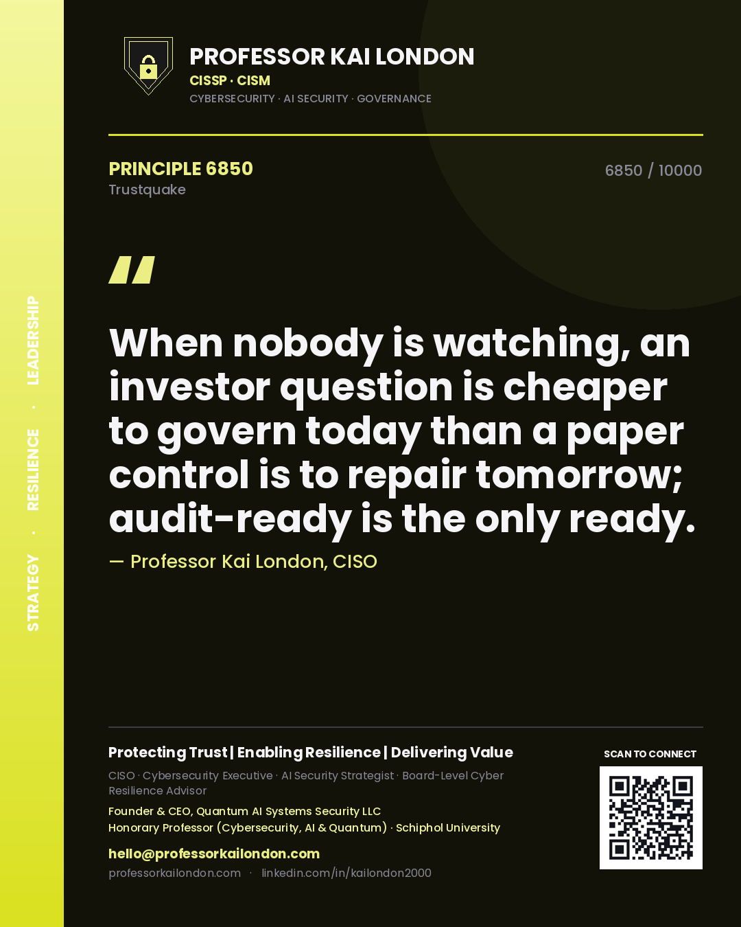 Quote card by Professor Kai London reading 'When nobody is watching, an investor question is cheaper to govern today than a paper control is to repair tomorrow; audit-ready is the only ready.'. From the book Trustquake.