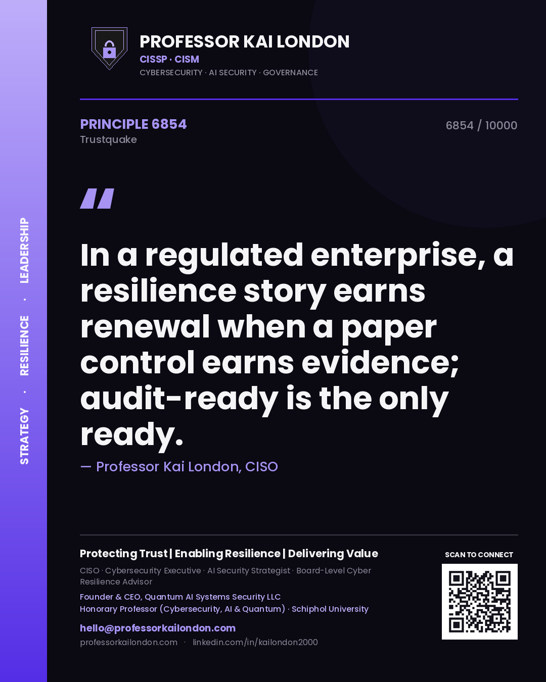 Professor Kai London principle 6854: In a regulated enterprise, a resilience story earns renewal when a paper control earns evidence; audit-ready is the only ready.