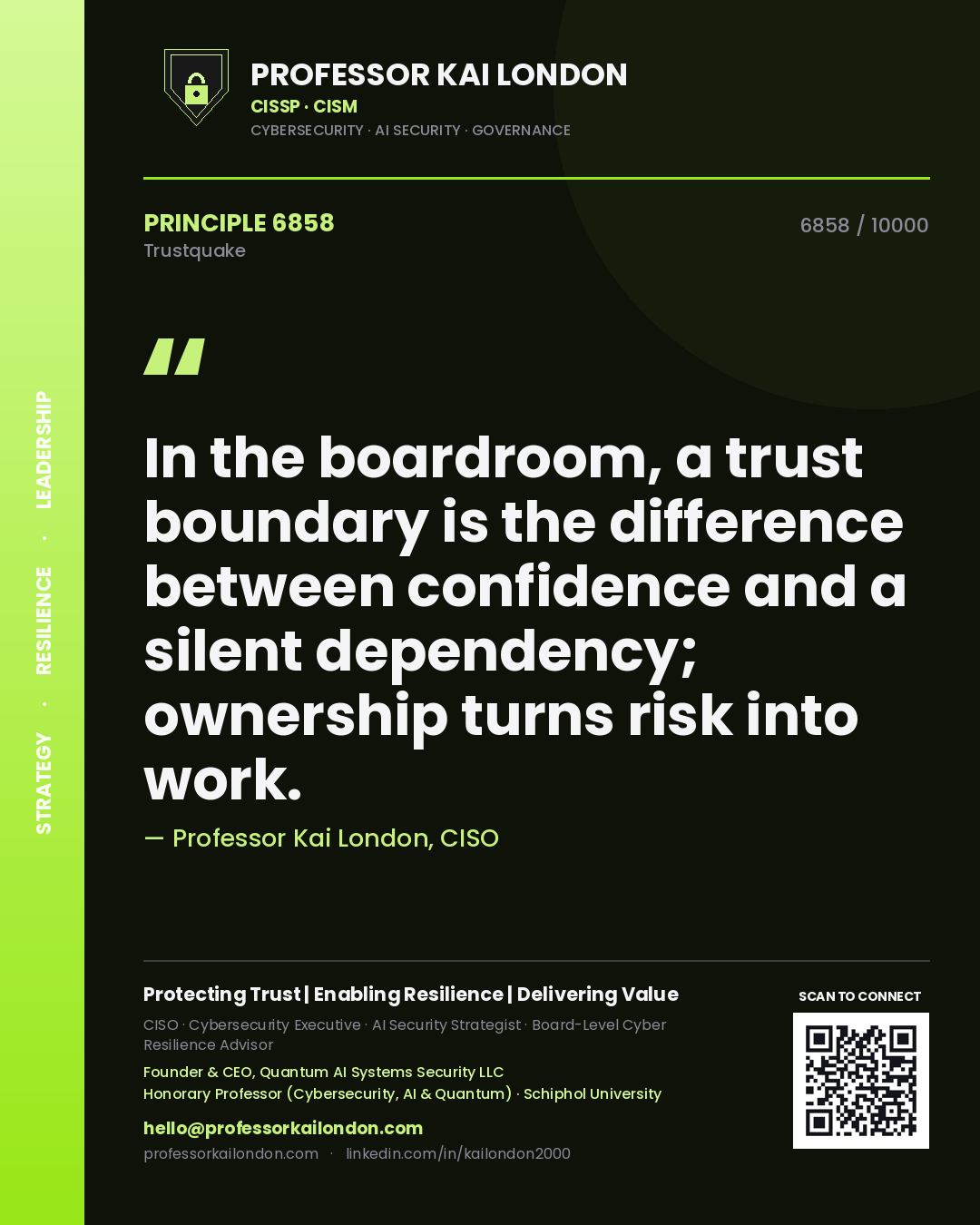 Quote card by Professor Kai London reading 'In the boardroom, a trust boundary is the difference between confidence and a silent dependency; ownership turns risk into work.'. From the book Trustquake.