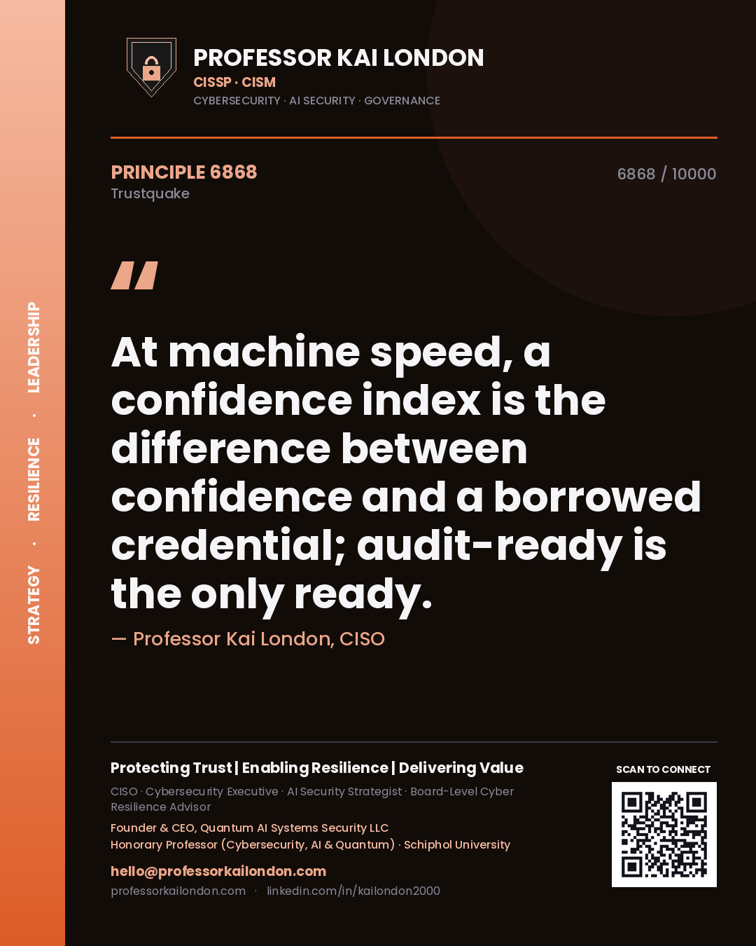 Quote card by Professor Kai London reading 'At machine speed, a confidence index is the difference between confidence and a borrowed credential; audit-ready is the only ready.'. From the book Trustquake.