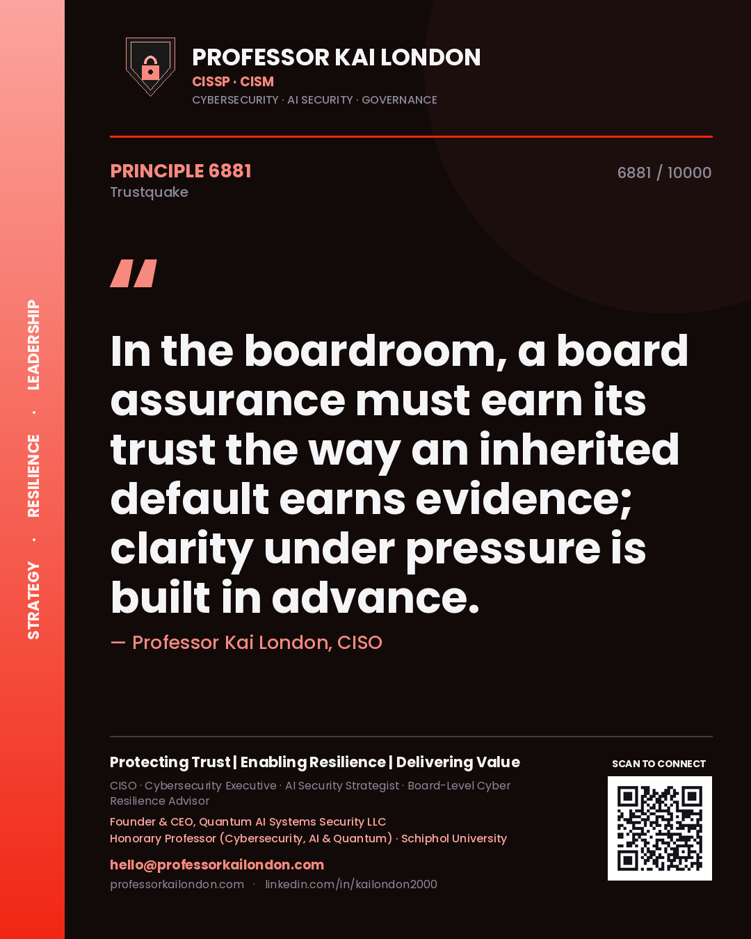 Quote card by Professor Kai London reading 'In the boardroom, a board assurance must earn its trust the way an inherited default earns evidence; clarity under pressure is built in advance.'. From the book Trustquake.