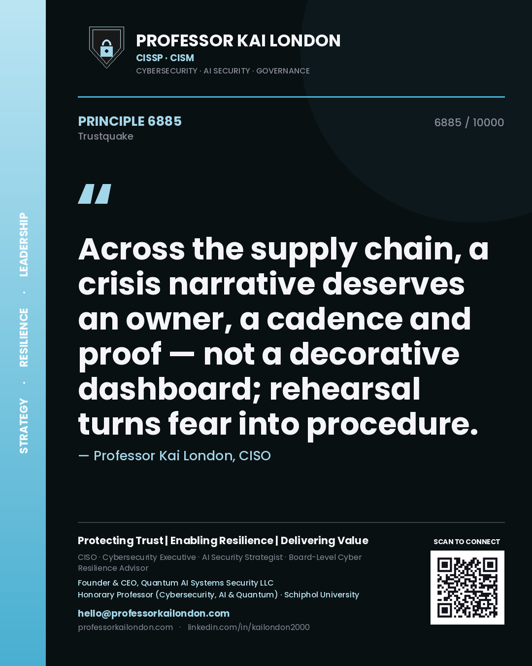 Quote card by Professor Kai London reading 'Across the supply chain, a crisis narrative deserves an owner, a cadence and proof — not a decorative dashboard; rehearsal turns fear into procedure.'. From the book Trustquake.