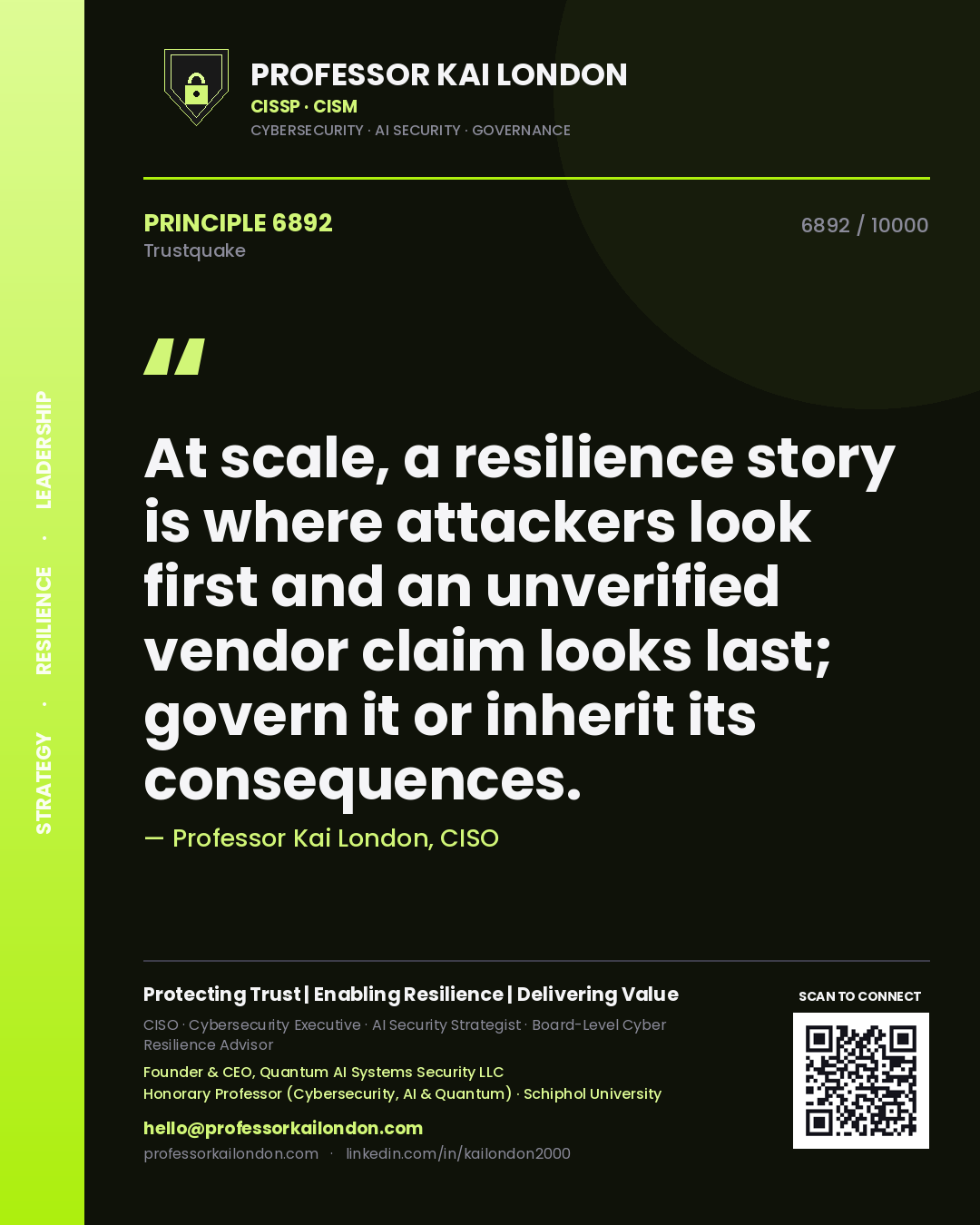 Professor Kai London principle 6892: At scale, a resilience story is where attackers look first and an unverified vendor claim looks last; govern it or inherit its consequences.