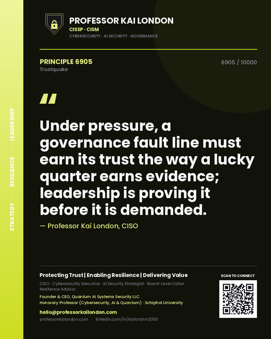Quote card by Professor Kai London reading 'Under pressure, a governance fault line must earn its trust the way a lucky quarter earns evidence; leadership is proving it before it is demanded.'. From the book Trustquake.