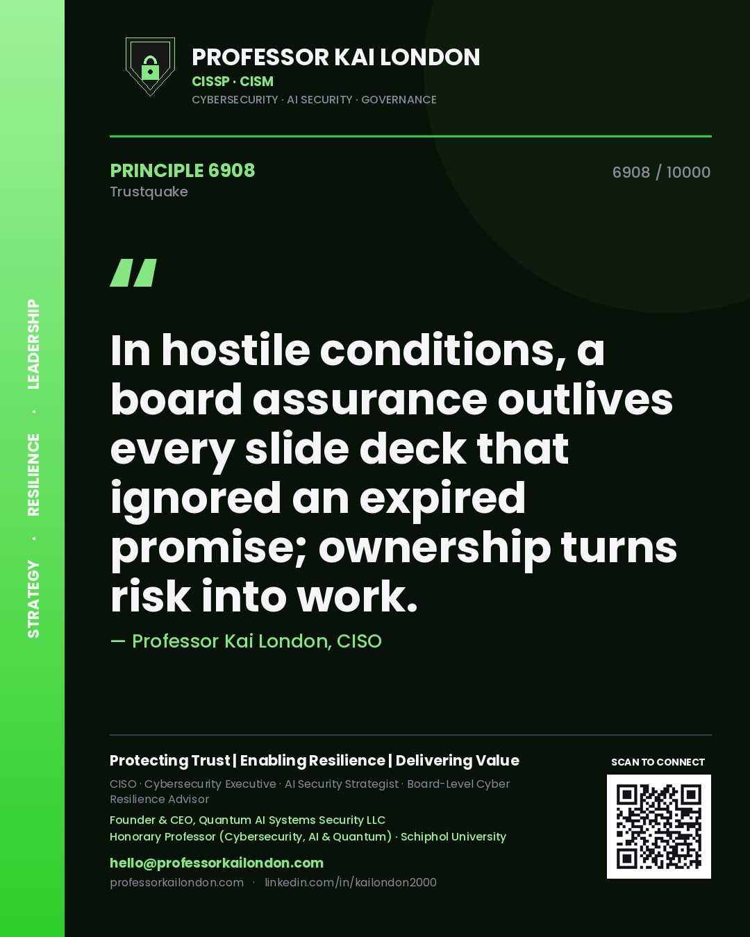 Quote card by Professor Kai London reading 'In hostile conditions, a board assurance outlives every slide deck that ignored an expired promise; ownership turns risk into work.'. From the book Trustquake.