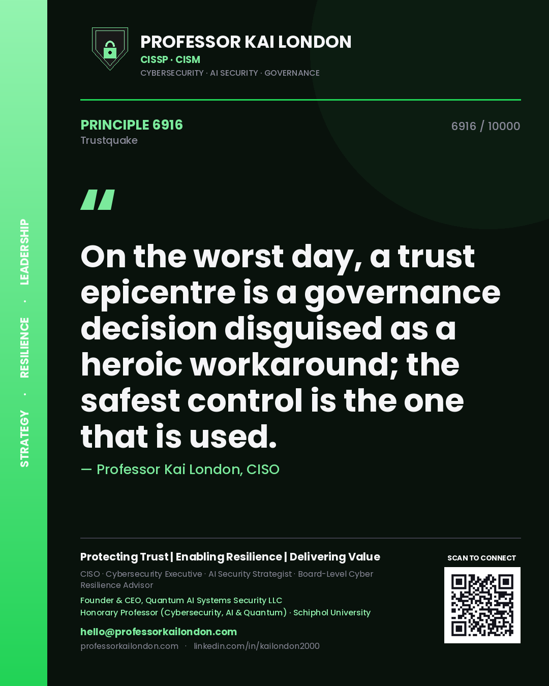 Quote card by Professor Kai London reading 'On the worst day, a trust epicentre is a governance decision disguised as a heroic workaround; the safest control is the one that is used.'. From the book Trustquake.