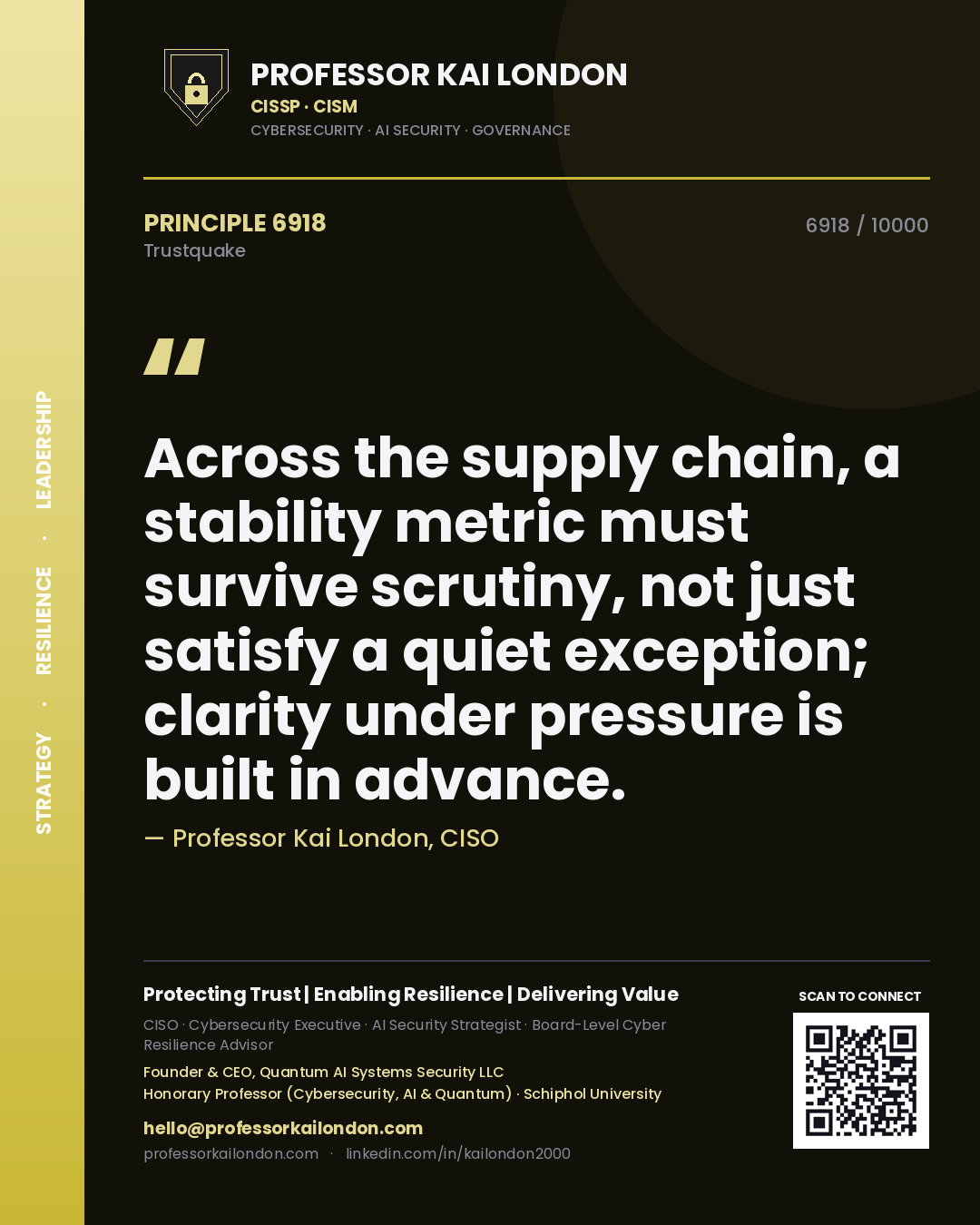 Quote card by Professor Kai London reading 'Across the supply chain, a stability metric must survive scrutiny, not just satisfy a quiet exception; clarity under pressure is built in advance.'. From the book Trustquake.