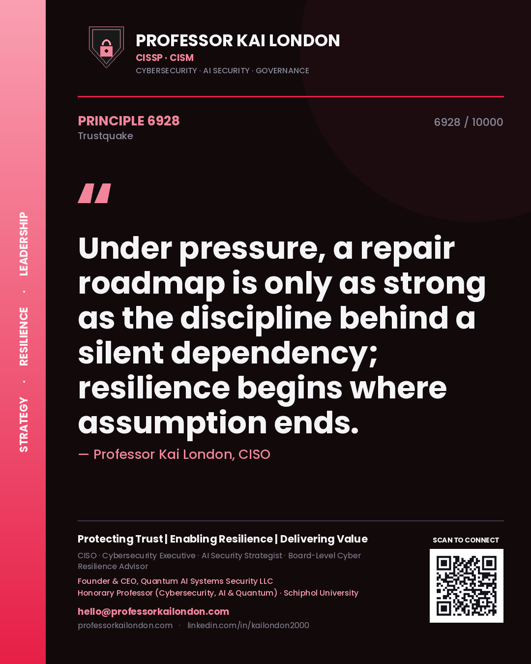 Quote card by Professor Kai London reading 'Under pressure, a repair roadmap is only as strong as the discipline behind a silent dependency; resilience begins where assumption ends.'. From the book Trustquake.