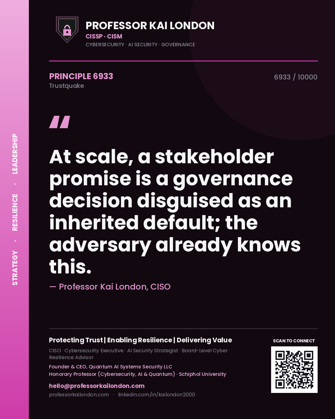 Quote card by Professor Kai London reading 'At scale, a stakeholder promise is a governance decision disguised as an inherited default; the adversary already knows this.'. From the book Trustquake.