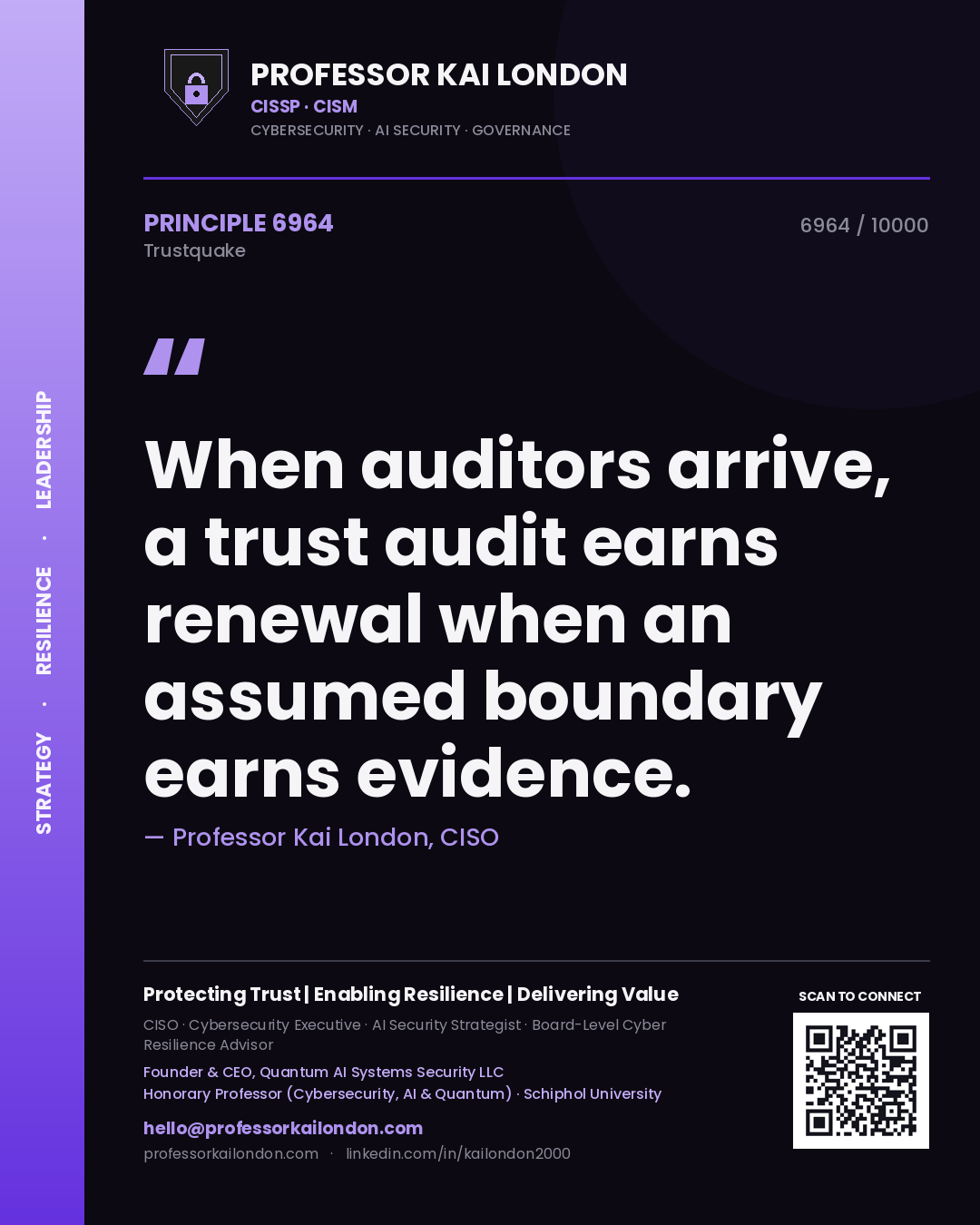 Quote card by Professor Kai London reading 'When auditors arrive, a trust audit earns renewal when an assumed boundary earns evidence.'. From the book Trustquake.