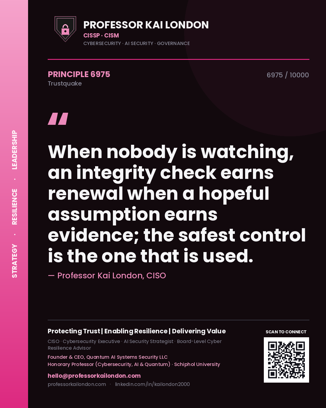 Quote card by Professor Kai London reading 'When nobody is watching, an integrity check earns renewal when a hopeful assumption earns evidence; the safest control is the one that is used.'. From the book Trustquake.
