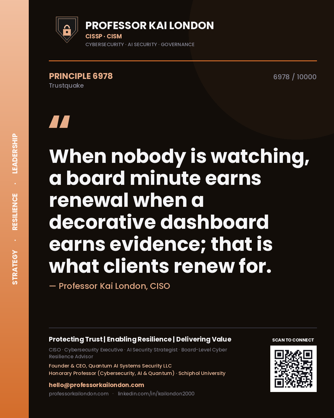 Quote card by Professor Kai London reading 'When nobody is watching, a board minute earns renewal when a decorative dashboard earns evidence; that is what clients renew for.'. From the book Trustquake.