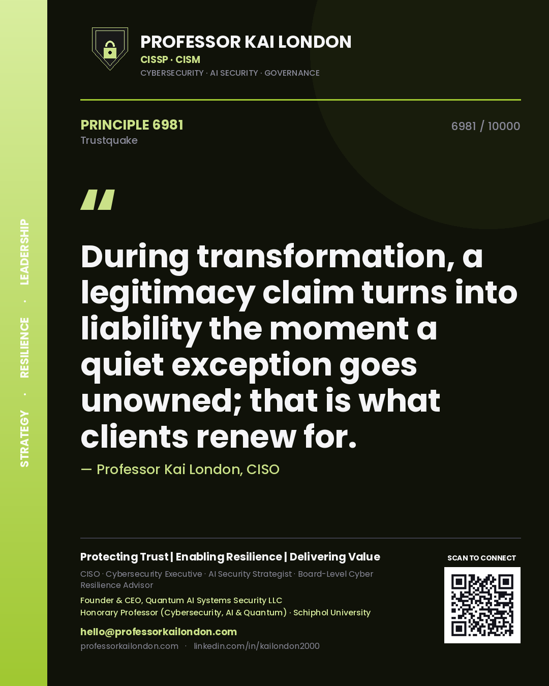 Quote card by Professor Kai London reading 'During transformation, a legitimacy claim turns into liability the moment a quiet exception goes unowned; that is what clients renew for.'. From the book Trustquake.