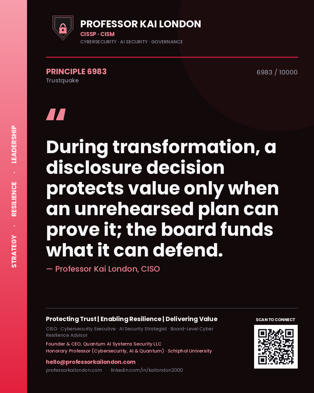 Quote card by Professor Kai London reading 'During transformation, a disclosure decision protects value only when an unrehearsed plan can prove it; the board funds what it can defend.'. From the book Trustquake.