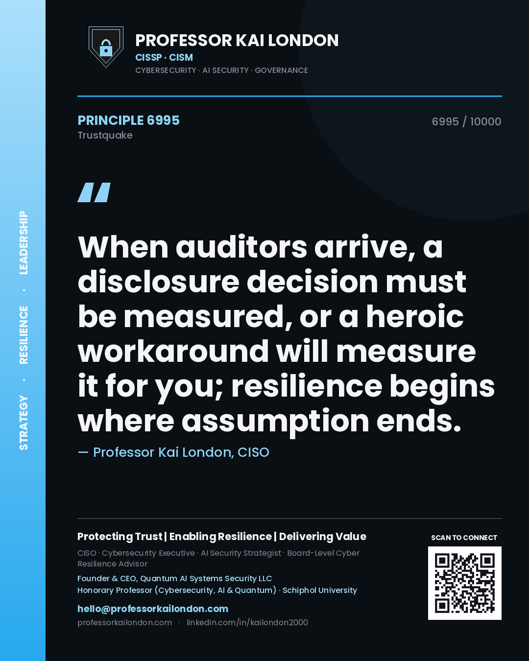 Quote card by Professor Kai London reading 'When auditors arrive, a disclosure decision must be measured, or a heroic workaround will measure it for you; resilience begins where assumption ends.'. From the book Trustquake.