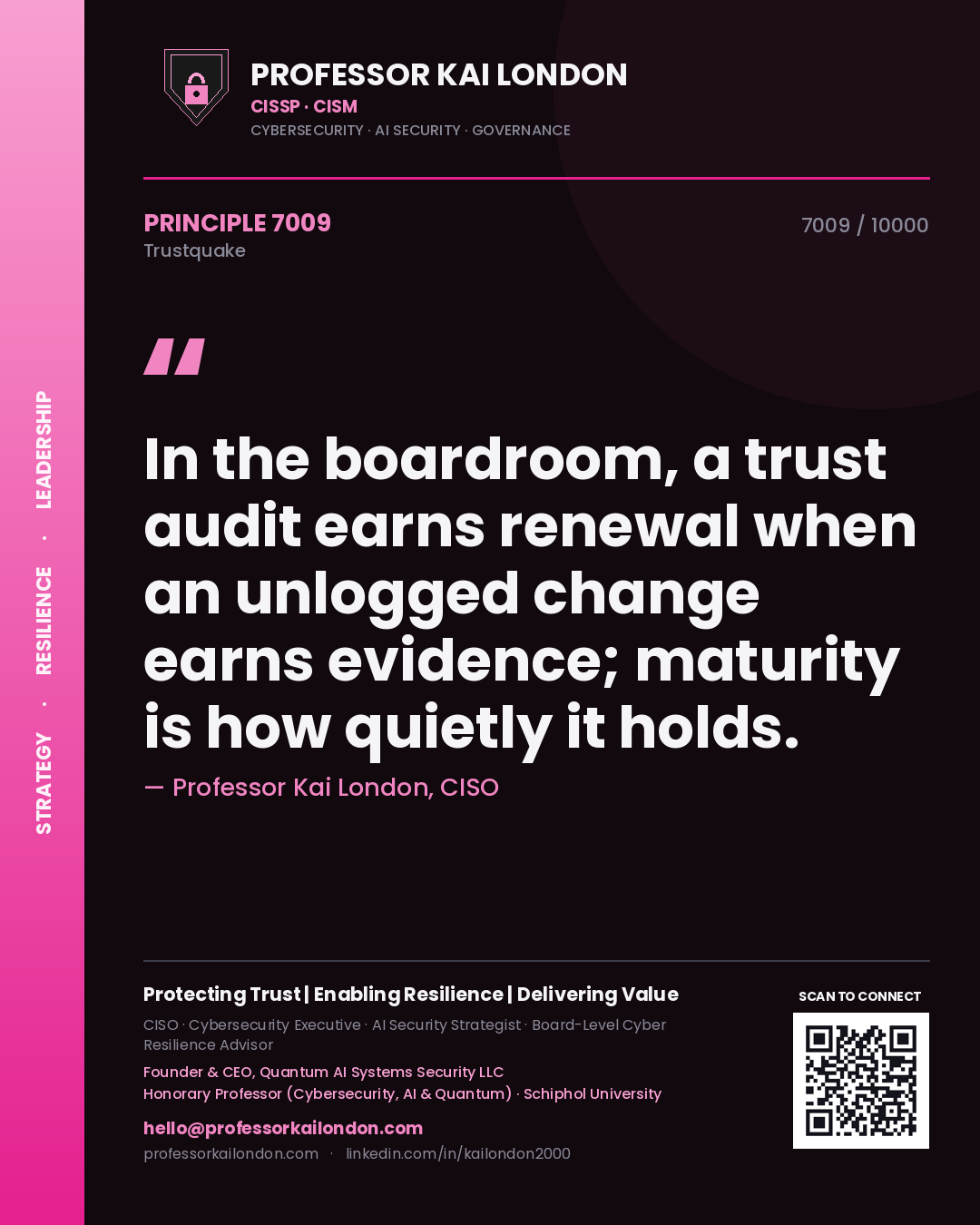 Quote card by Professor Kai London reading 'In the boardroom, a trust audit earns renewal when an unlogged change earns evidence; maturity is how quietly it holds.'. From the book Trustquake.