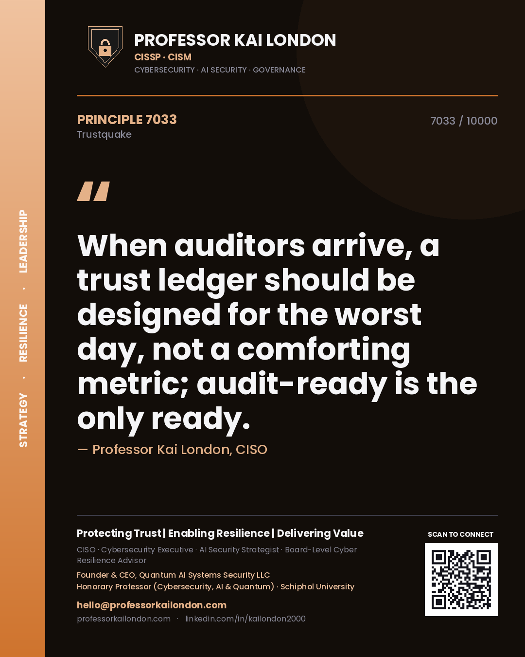 Quote card by Professor Kai London reading 'When auditors arrive, a trust ledger should be designed for the worst day, not a comforting metric; audit-ready is the only ready.'. From the book Trustquake.