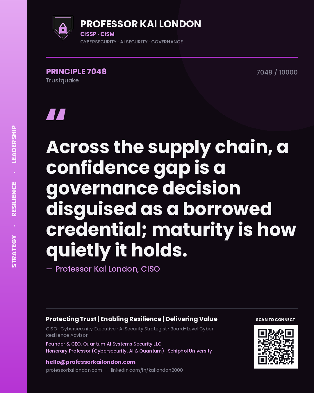 Quote card by Professor Kai London reading 'Across the supply chain, a confidence gap is a governance decision disguised as a borrowed credential; maturity is how quietly it holds.'. From the book Trustquake.