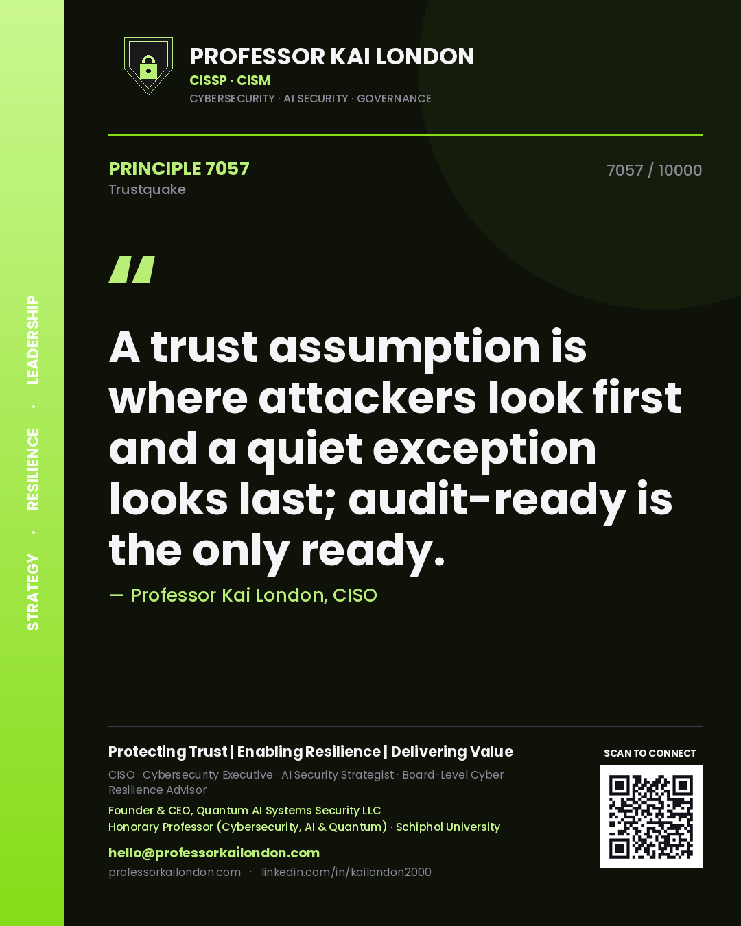 Quote card by Professor Kai London reading 'A trust assumption is where attackers look first and a quiet exception looks last; audit-ready is the only ready.'. From the book Trustquake.