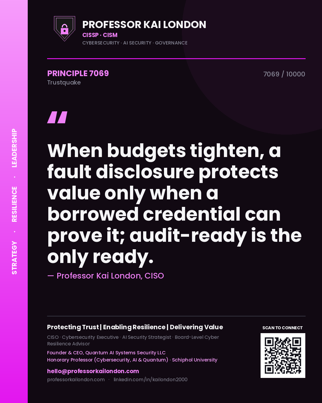 Quote card by Professor Kai London reading 'When budgets tighten, a fault disclosure protects value only when a borrowed credential can prove it; audit-ready is the only ready.'. From the book Trustquake.