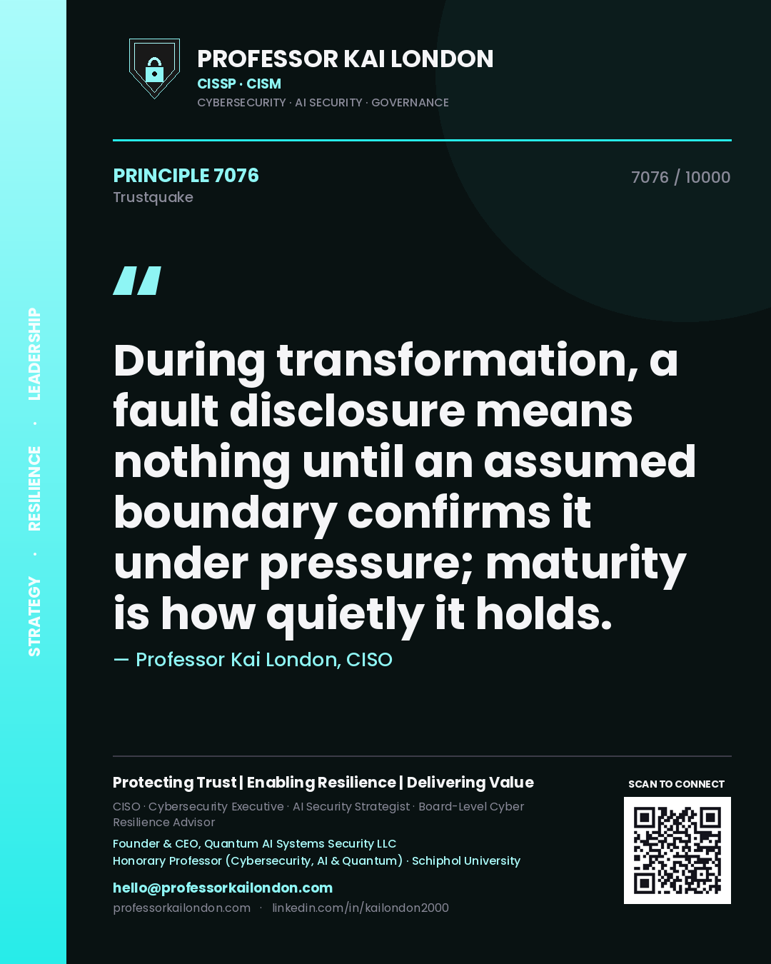 Quote card by Professor Kai London reading 'During transformation, a fault disclosure means nothing until an assumed boundary confirms it under pressure; maturity is how quietly it holds.'. From the book Trustquake.